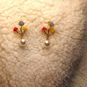 Red, Yellow, Silver Mushroom Pearl Earrings